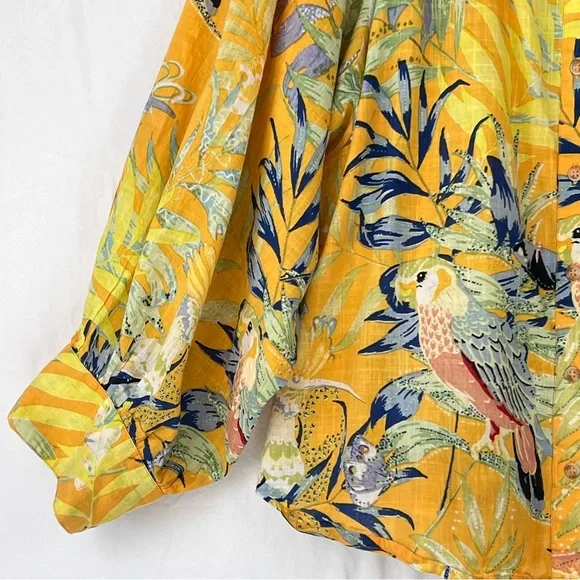 Anthropologie Maeve Yellow Tropical Floral Bird Top Sz L Relaxed Cotton Button - Picture 7 of 14